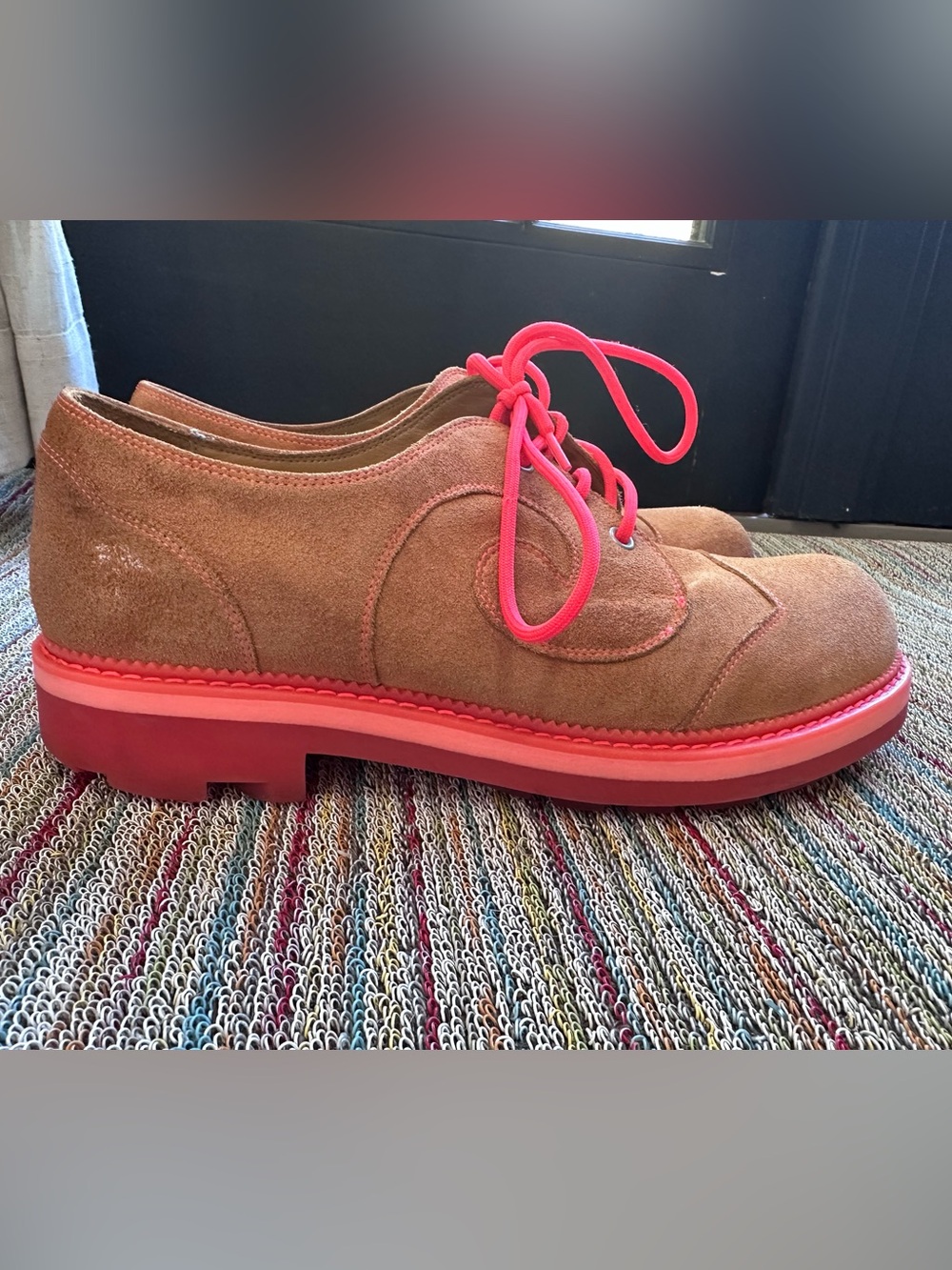 Fluevog 7th Heaven Derby Swirl suede lace-up derby shoe orange/pink -11.5 - Picture 3 of 16